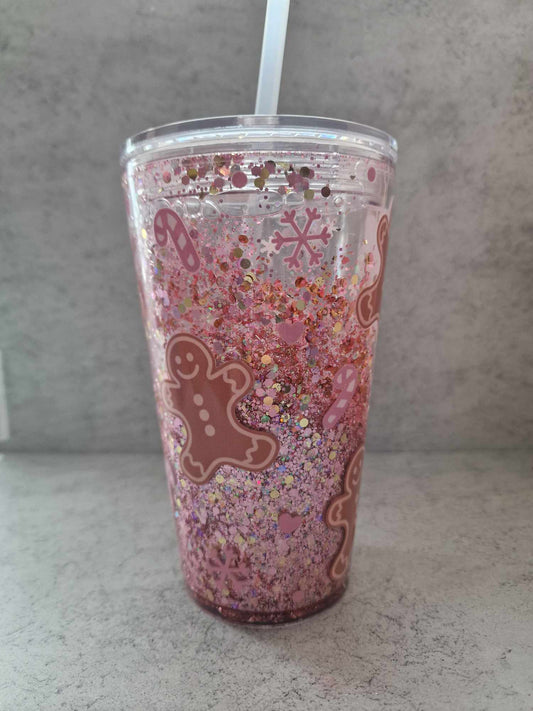 Pink Glitter Gingerbread Man - Acrylic Tumbler 16oz